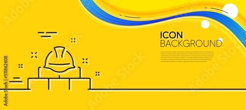 Construction builder line icon. Abstract yellow background. Engineer or architect helmet sign. Bricks symbol. Minimal construction bricks line icon. Wave banner concept. Vector