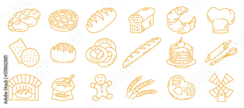 Bread bakery icon set. Vector line illustration.