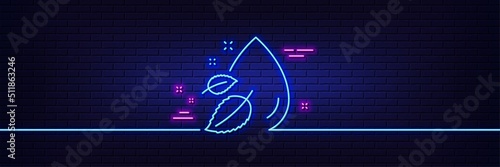 Neon light glow effect. Water drop line icon. Moisture sign. 3d line neon glow icon. Brick wall banner. Water drop outline. Vector