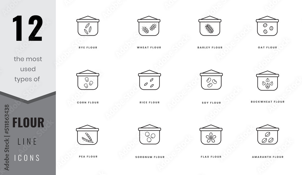 The most used types of flour line icons. Rye, wheat, barley, soy, rice and corn, flax, amaranth, oat, buckwheat, pea and sorgnum. In lineart style. For website design, mobile app, software