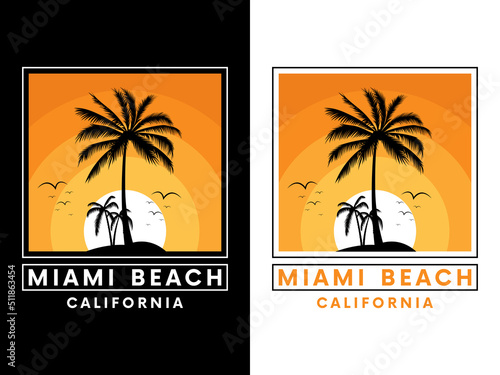 Miami Beach California Vector Design, Sunset Beach t-shirt, t-shirt Design, Vector Art, Illustration, Signboard, Art Frame, Banner, Poster