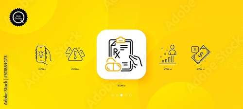 Rejected payment, Stats and Prescription drugs minimal line icons. Yellow abstract background. Electric app, Warning icons. For web, application, printing. Vector