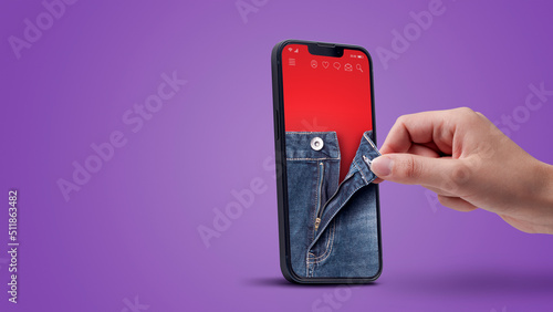 Woman stripping jeans on smartphone