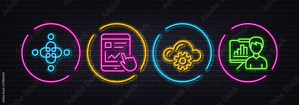 Inclusion, Internet report and Cloud computing minimal line icons. Neon laser 3d lights. Presentation board icons. For web, application, printing. Equity justice, Web tutorial, Storage process. Vector
