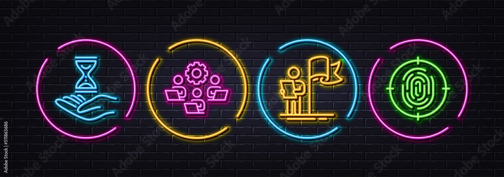 Leadership, Teamwork and Time hourglass minimal line icons. Neon laser 3d lights. Fingerprint icons. For web, application, printing. Winner flag, Remote work, Sand watch. Biometric scan. Vector