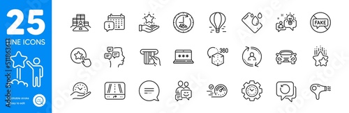 Outline icons set. Calendar, Inventory and Loyalty star icons. Communication, Credit card, Augmented reality web elements. Loyalty program, Time management, Messages signs. Car. Vector