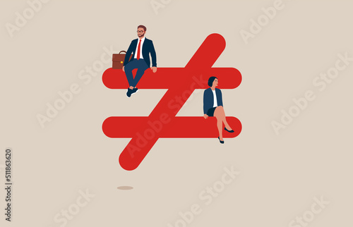 Upper class male sitting on top of injustice, unfairness symbol with person of woman at the bottom. Gender pay gap, inequality between man and woman wage income, issue about gender diversification.