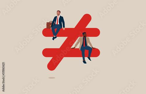 Human inequality and injustice, discrimination and racism as global social issue, upper class business man sitting on top of injustice, unfairness symbol with person of African American at the bottom.