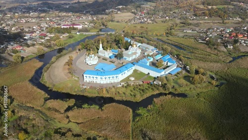 Aerial shot Village Town, Exactly. Gorodotsky St. Nicholas Convent. Ukraine photo
