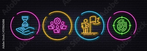 Leadership, Teamwork and Time hourglass minimal line icons. Neon laser 3d lights. Fingerprint icons. For web, application, printing. Winner flag, Remote work, Sand watch. Biometric scan. Vector