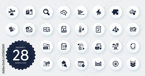 Set of Education icons, such as Infochart, Shoulder strap and Manual flat icons. Teamwork, Cloud computing, Calendar web elements. Chemistry lab, Electricity, Music book signs. Circle buttons. Vector