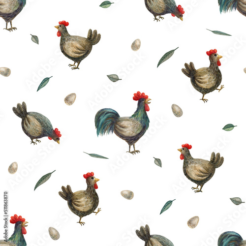 Watercolor seamless pattern with funny chickens and rooster. For textiles and packaging.