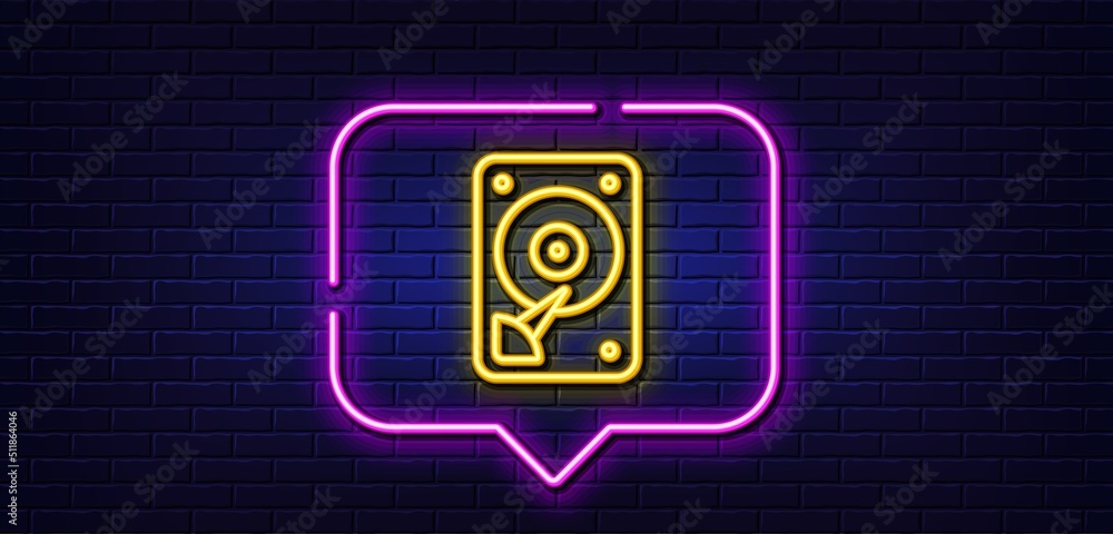 Neon light speech bubble. HDD icon. Hard disk storage sign. Hard drive memory symbol. Neon light background. HDD glow line. Brick wall banner. Vector Neon light speech bubble. HDD icon. Hard disk storage sign. Hard drive memory symbol. Neon light background. HDD glow line. Brick wall banner. Vector