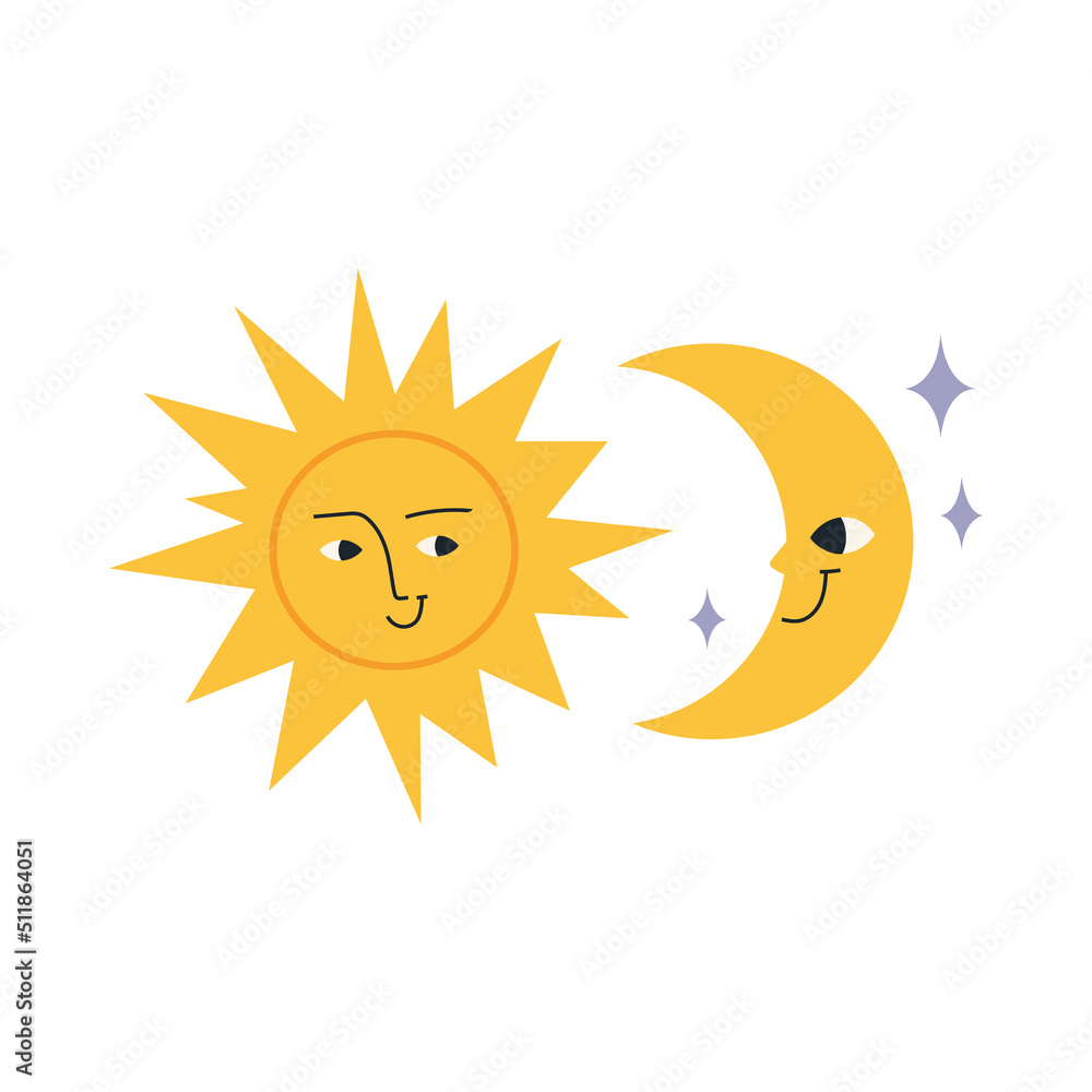 Sun and moon, cartoon style. Cute character. Trendy modern vector illustration isolated on white background, hand drawn