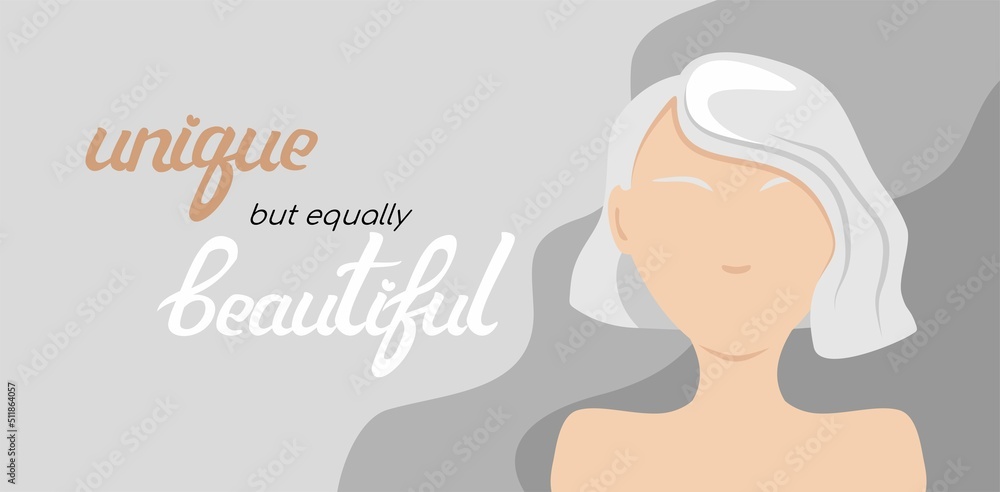 Fototapeta premium Portrait of an albino woman. Handwritten calligraphy inspirational quotes. World Albino Day 13 June. Vector flat isolated illustration