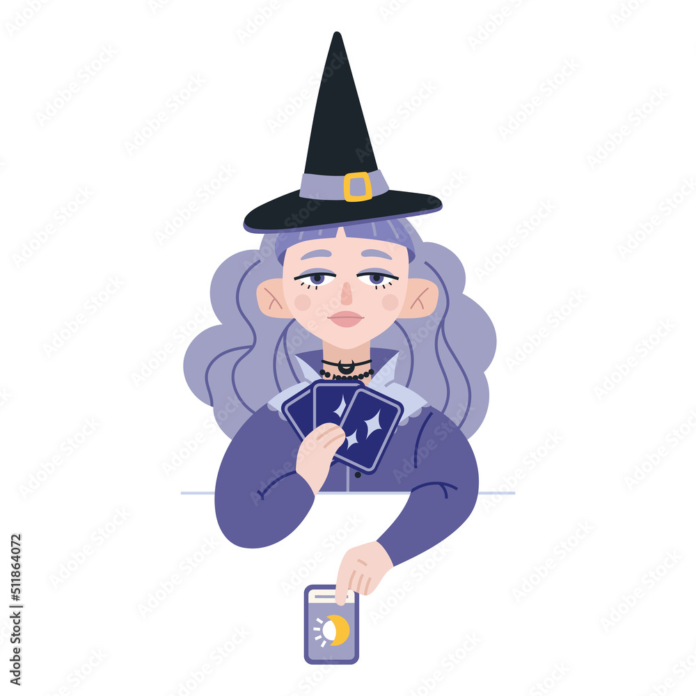Obraz premium Beauty Fortune tellers, cartoon style. Young witch girl lays out tarot cards on table. Witchcraft and supernatural powers.Trendy modern vector illustration isolated on white background