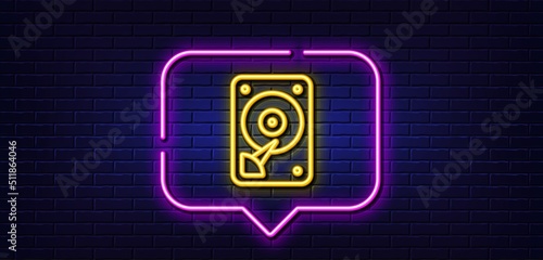 Neon light speech bubble. HDD icon. Hard disk storage sign. Hard drive memory symbol. Neon light background. HDD glow line. Brick wall banner. Vector photo