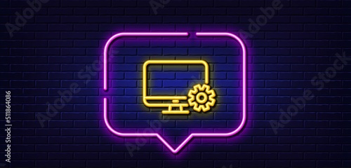Neon light speech bubble. Computer or Monitor icon. Service Cogwheel sign. Personal computer symbol. Neon light background. Monitor settings glow line. Brick wall banner. Vector