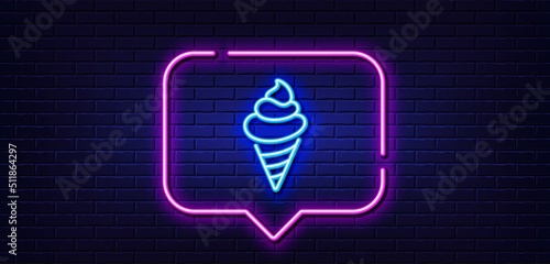 Neon light speech bubble. Ice cream line icon. Vanilla sundae cone sign. Frozen summer dessert symbol. Neon light background. Ice cream glow line. Brick wall banner. Vector