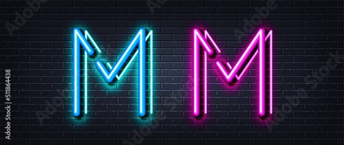 Initial letter M icon. Neon light line effect. Line typography character sign. Large first font letter. Glowing neon light element. Letter M glow 3d line. Brick wall banner. Vector