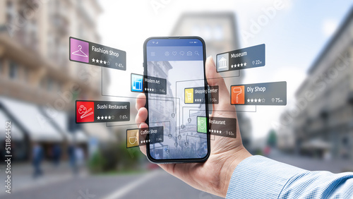 Leinwand Poster Augmented reality navigation app on smartphone