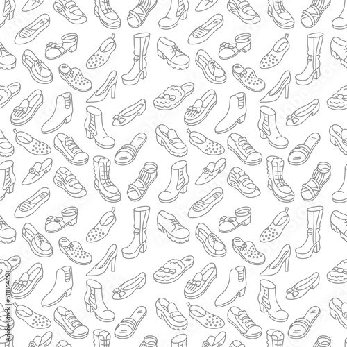 Women shoes seamless pattern background. Different types of shoes. Editable stroke size.
