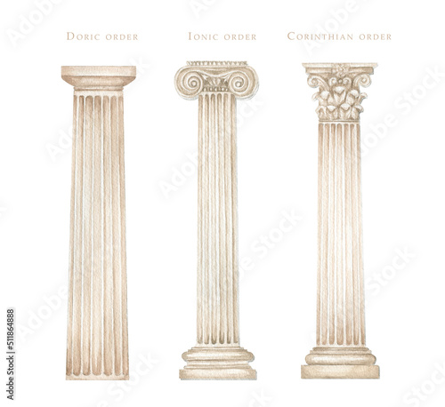Watercolor antique column corinthian ionic doric order, Ancient Classic Greek pillar set, Roman Columns, Architecture facade elements Realistic drawing illustration isolated on white background photo