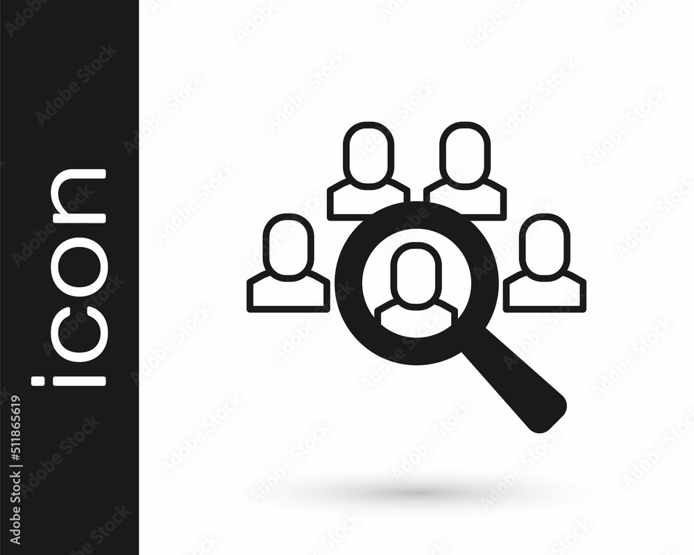 Black Magnifying glass for search job icon isolated on white background. Recruitment or selection concept. Search for employees and job. Vector Black Magnifying glass for search job icon isolated on white background. Recruitment or selection concept. Search for employees and job. Vector