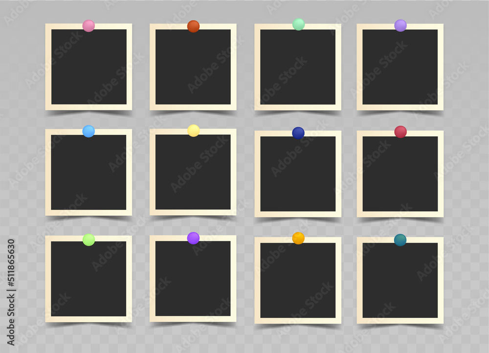 Set of black square photo frames on colored pins. Vector realistic mockup. 12 posters, photo cards or paper sheets with white border. Blank Template for collages and design. EPS10. Set of black square photo frames on colored pins. Vector realistic mockup. 12 posters, photo cards or paper sheets with white border. Blank Template for collages and design. EPS10.