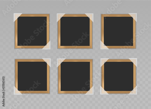 Set of square empty photo frames . Black vintage photo cards attached with corners. Vector realistic Mockup for scrapbooking, collages, presentation. Blank template. EPS10.