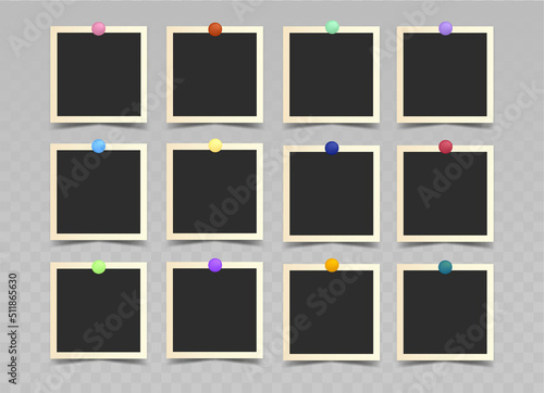 Set of black square photo frames on colored pins. Vector realistic mockup.  12 posters, photo cards or paper sheets with white border. Blank Template for collages and design. EPS10.