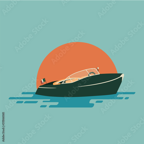 Illustration of a retro motor boat in the flat style. Speedboat on the background of the sun.