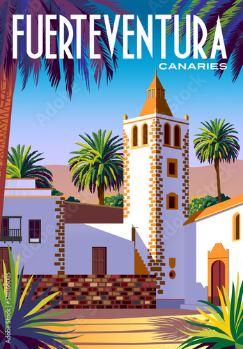 Cityscape of Betancuria with historic church, bell tower, palms and mountains in the background. Handmade drawing vector illustration. Fuerteventura Canary Islands travel poster.