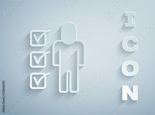 Paper cut Resume icon isolated on grey background. CV application. Searching professional staff. Analyzing personnel resume. Paper art style. Vector