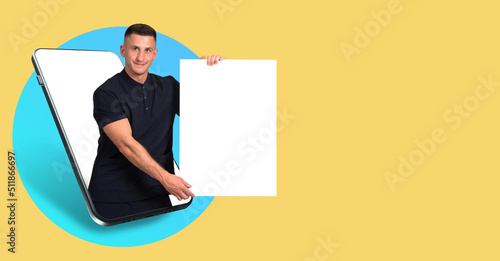 Adult man with blank poster...