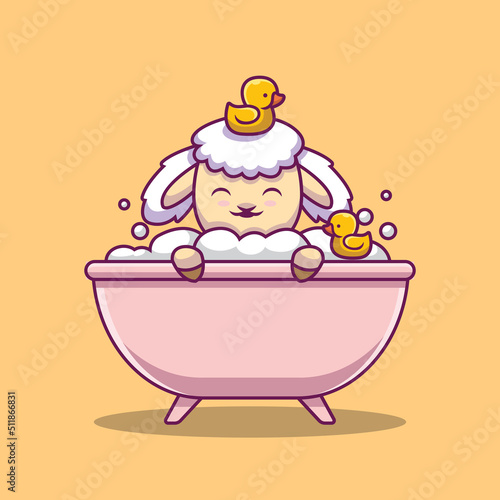 Cute sheep bathing in the bathtub cartoon illustration