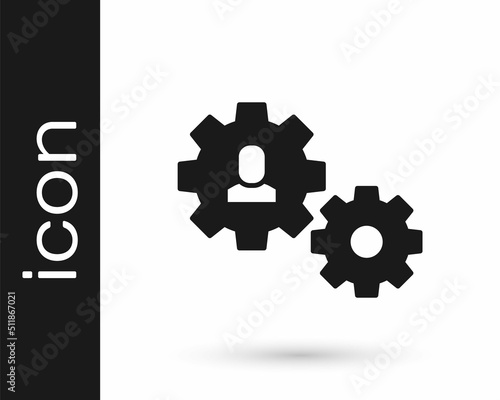 Black Human with gear icon isolated on white background. Artificial intelligence. Thinking brain sign. Symbol work of brain. Vector