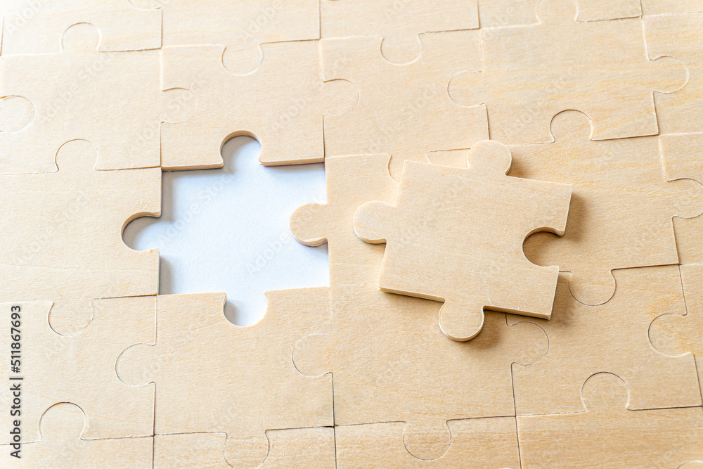 Fototapeta premium Jigsaw puzzle pattern missing piece. To express alliance, union, team, working, solution, success, problem. Mock up copy space.