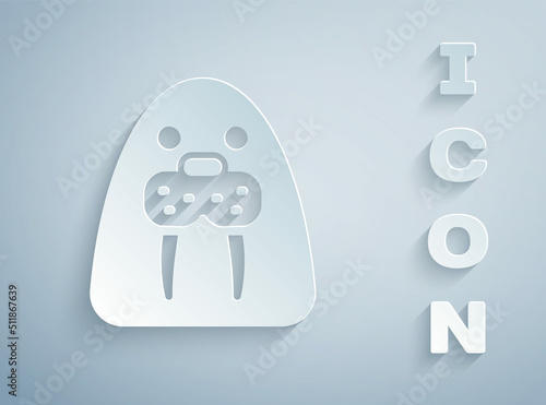 Paper cut Walrus animal icon isolated on grey background. Paper art style. Vector