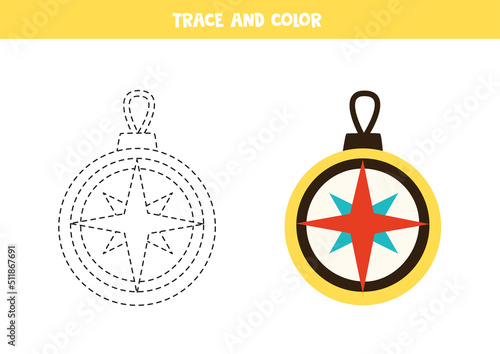Trace and color navigational compass. Worksheet for children.