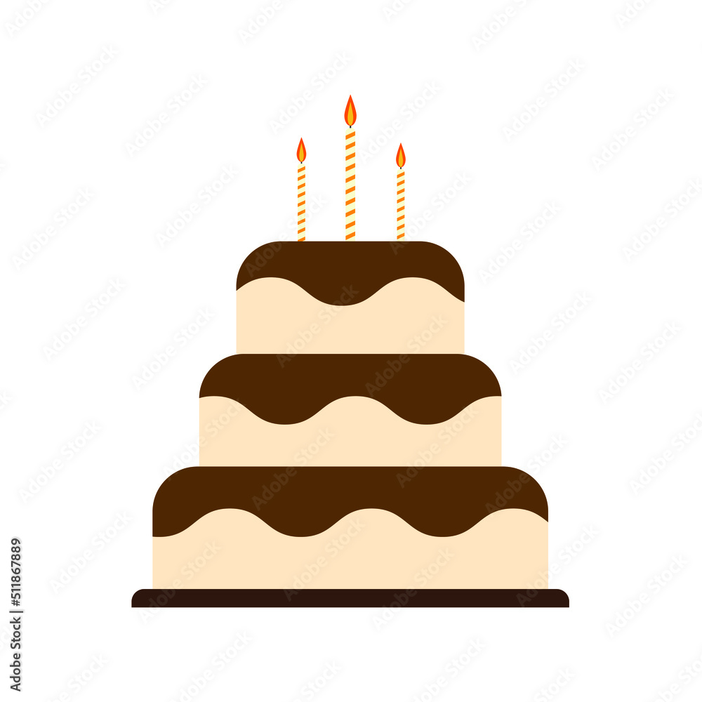 Cake with chocolate icing and candles. Birthday dessert. Wheat cake icon isolated on white background.Vector illustration for design and print Cake with chocolate icing and candles. Birthday dessert. Wheat cake icon isolated on white background.Vector illustration for design and print