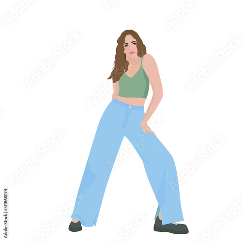 Woman in nstylish jeans and top blouse, shoes.Standing in model pose.Vektor illustration for show business models.