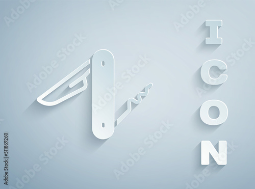 Paper cut Swiss army knife icon isolated on grey background. Multi-tool, multipurpose penknife. Multifunctional tool. Paper art style. Vector