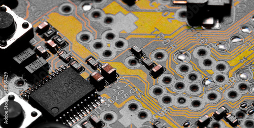 Macro Close up of printed wiring on PC circuit board.