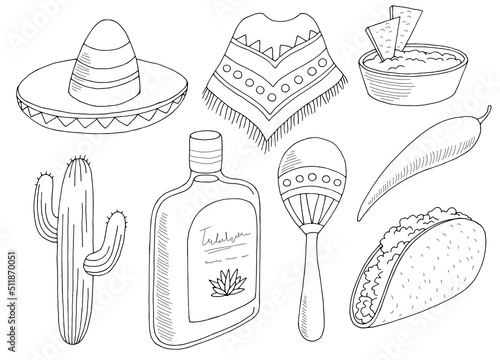 Mexico set graphic black white isolated sketch illustration vector
