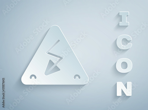 Paper cut High voltage sign icon isolated on grey background. Danger symbol. Arrow in triangle. Warning icon. Paper art style. Vector