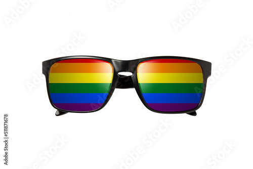 Photo of Sunglasses with LGBT rainbow lenses. Rainbow, LGBT pride, gay, human rights, glasses concept. Gay Pride Month. Pride LGBTQ