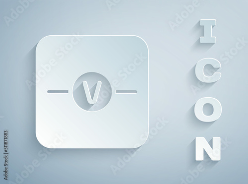 Paper cut Voltmeter electronic component icon isolated on grey background. Electricity physics scheme for education. Paper art style. Vector