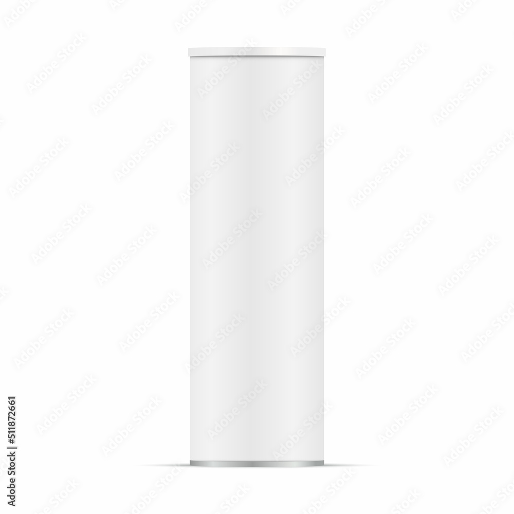 Realistic blank cylinder tube with shadow. White matte paper cardboard box with plastic lid. Mockup template design for snack and chips products. Vector 3d illustration - obrazy, fototapety, plakaty 