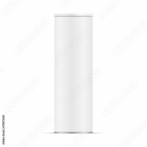 Realistic blank cylinder tube with shadow. White matte paper cardboard box with plastic lid. Mockup template design for snack and chips products. Vector 3d illustration photo